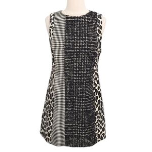 Alice & Olivia Black Ivory Leopard Boucle Tweed Clyde Sleeveless Sheath Dress